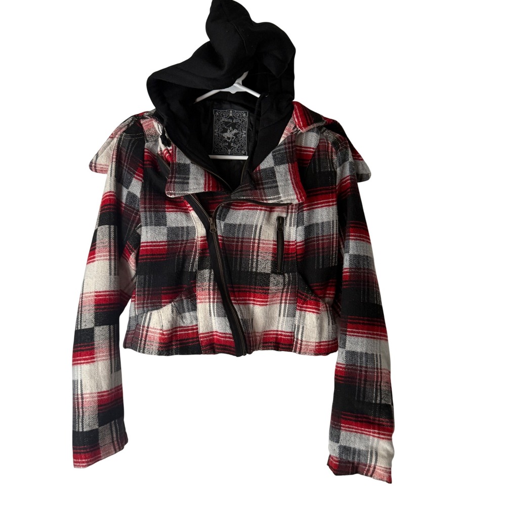 Polo Club Beverly Hills Y2k Plaid Moto Jacket Black‎ RedHooded M Grunge Emo